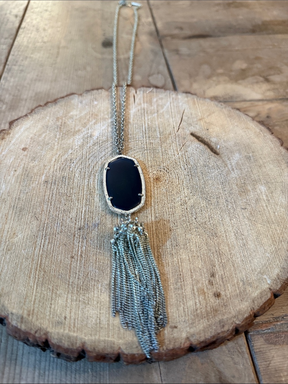 Kendra Scott Silver Tassel Necklace with Black Stone
